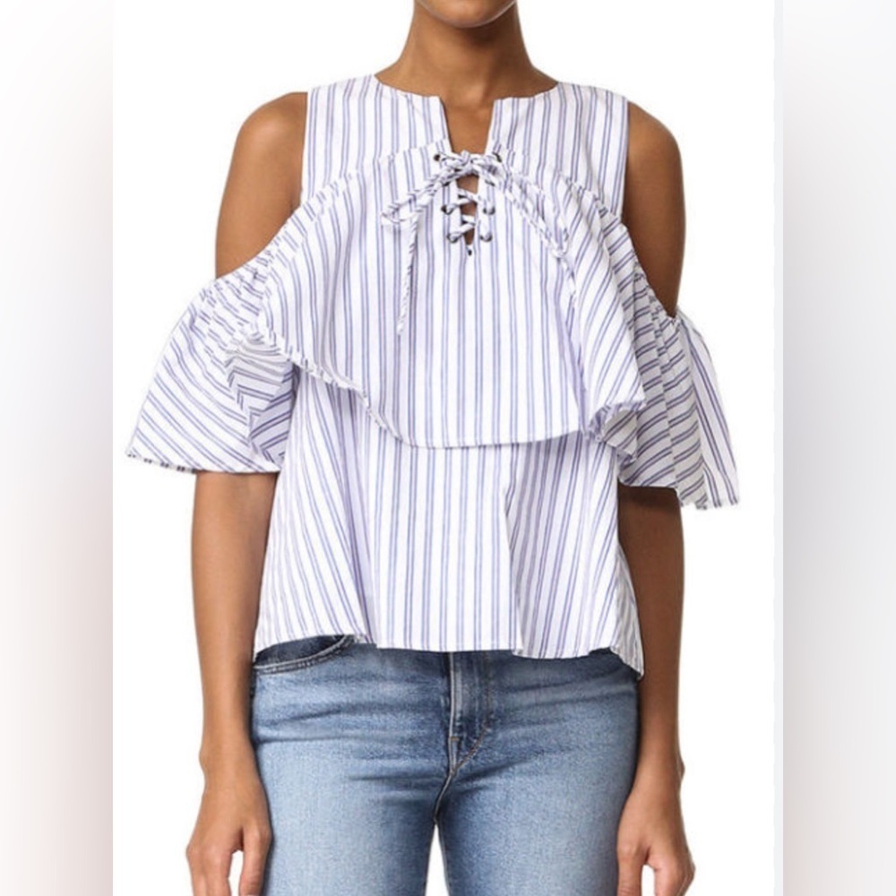 Joa lace up striped ruffle top xs tiered